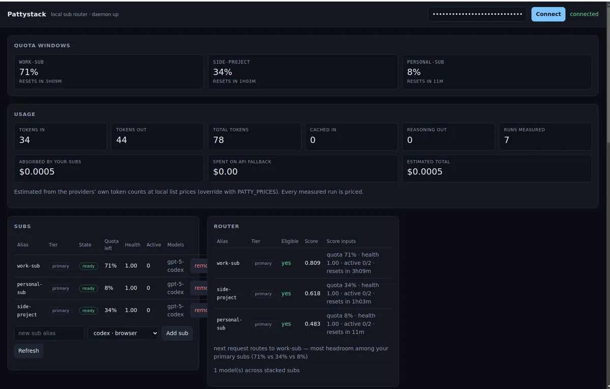The Pattystack console: three stacked plans with 71%, 34% and 8% quota left, token and dollar totals, and the router explaining it will send the next request to work-sub