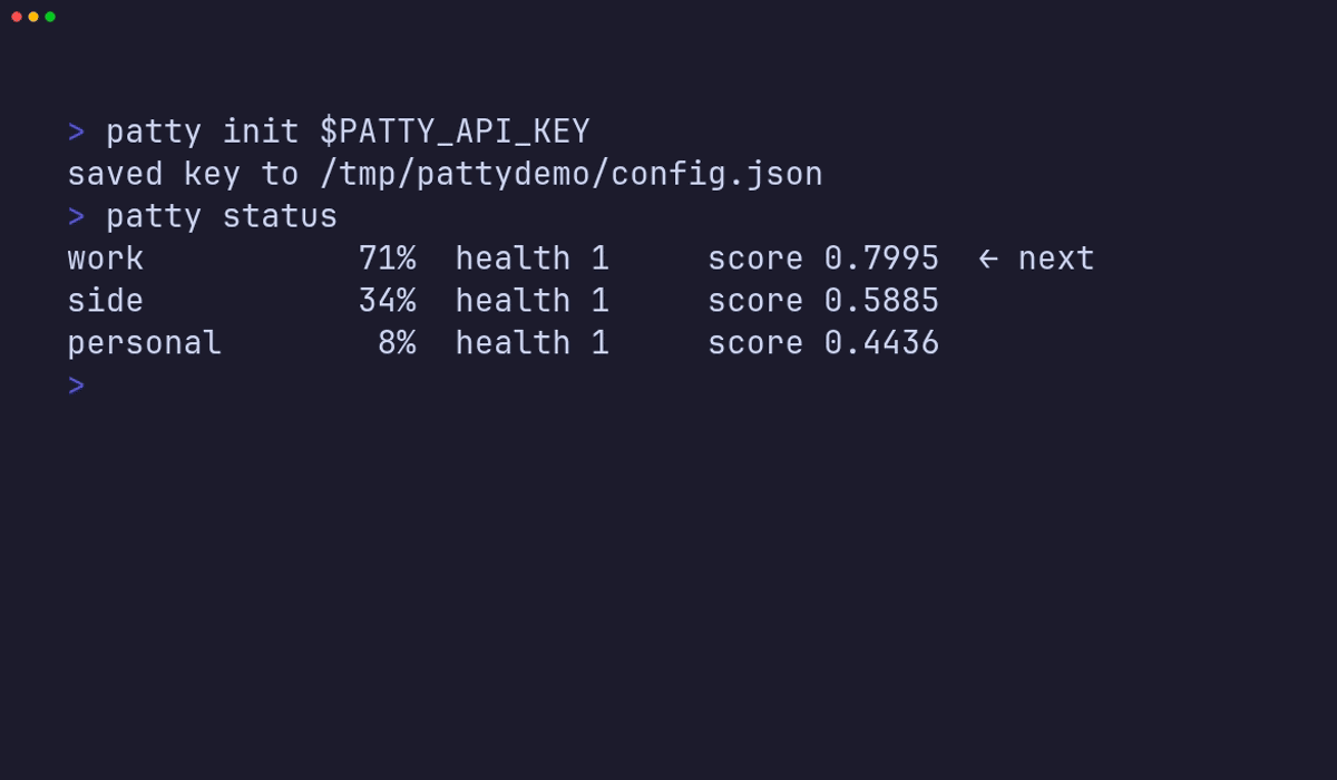 Pattystack terminal: three fake subscriptions, their quota left, and the router choosing work as the next sub